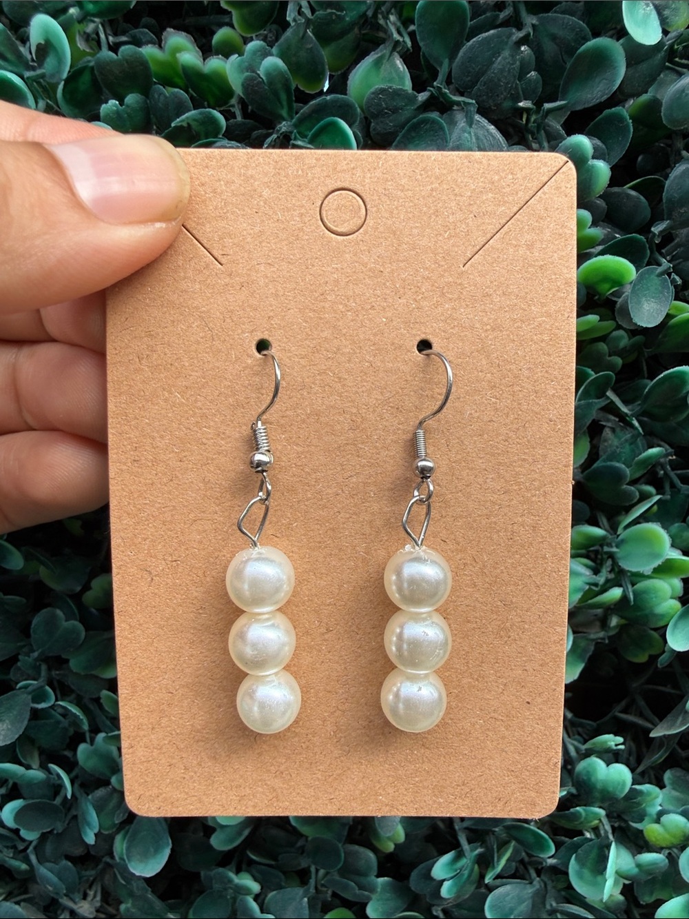 Hand Crafted Cream Pearl Drop Earrings - Three Bead Dangle